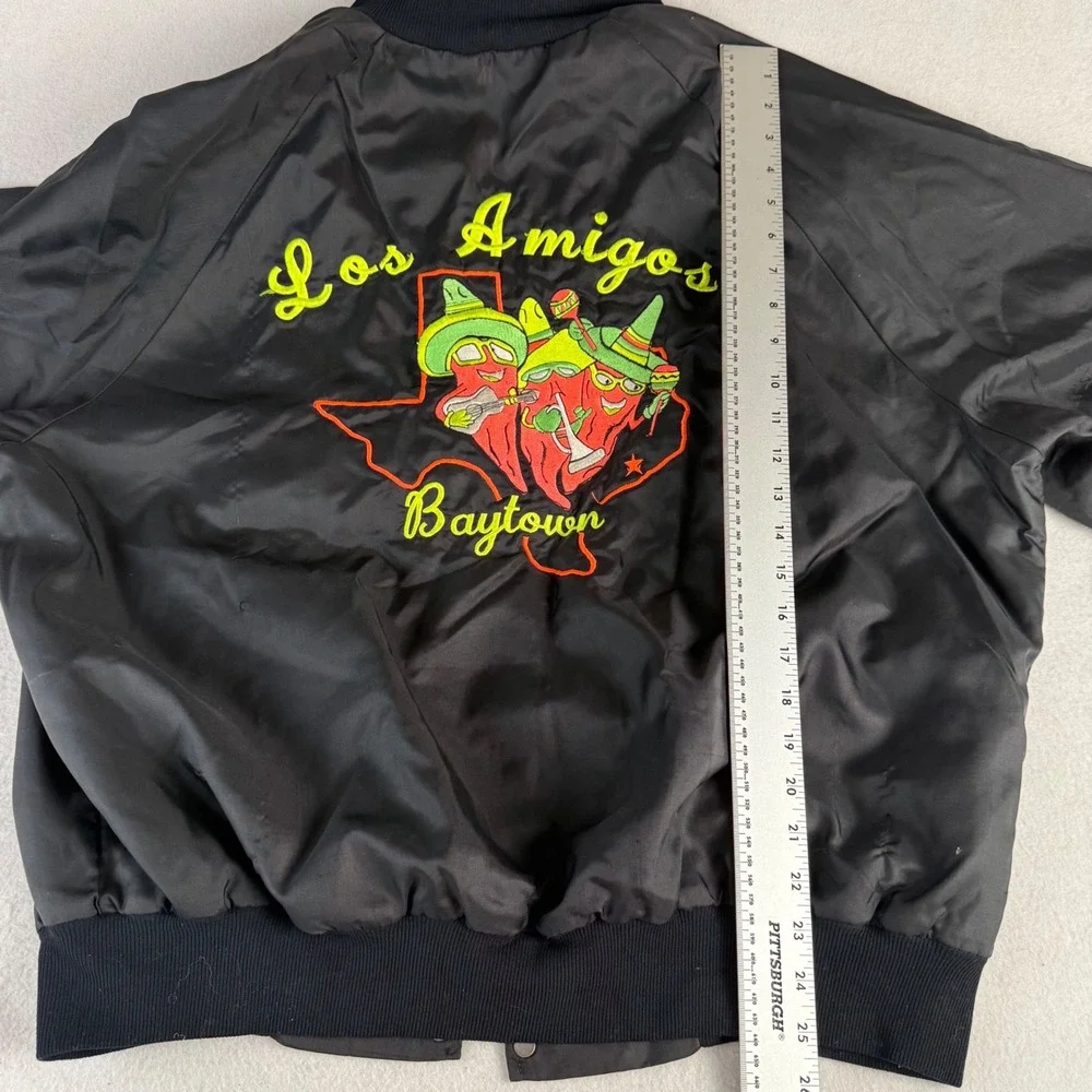 80s Vintage WestArk Los Amigos Team Bomber Jacket Black Satin Mens XL USA